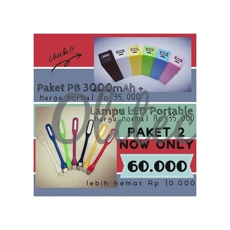 Paket 2 (PB 3000mah+Lampu LED Portable)